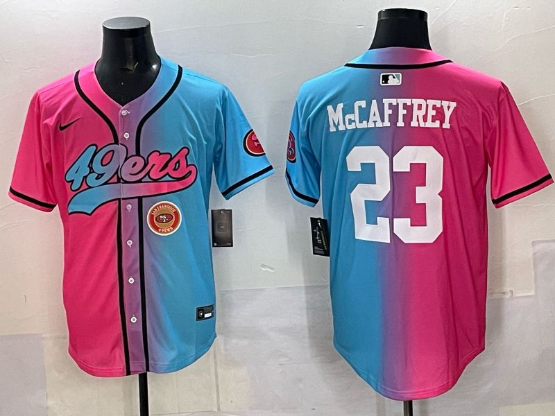 Men 2025 San Francisco 49ers 23 Mccaffrey Blue pink Nike Limited NFL Jersey style 013